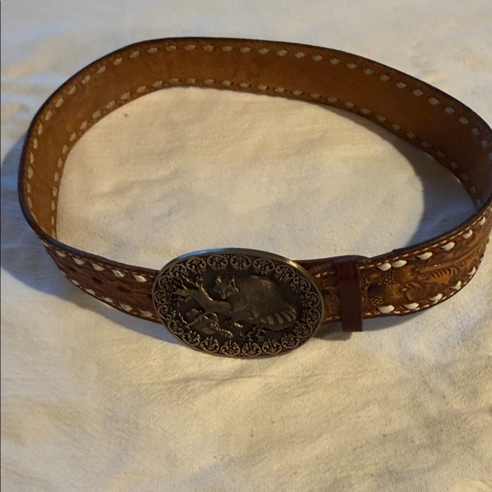 Vintage Solid Brass Award Designed Raccoons Buckle on Hand Tooled Leather Belt